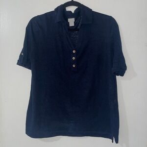 Chicos Navy Blue 100% Linen Roll Tab Sleeve  Polo Shirt Women Sz M Chicos Sz 1
